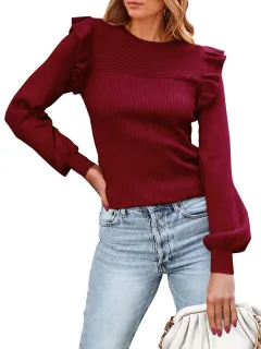 Ruffled Shoulder Long Sleeve Round Neck Slim Rib Knitted Sweater - Wine - View 1