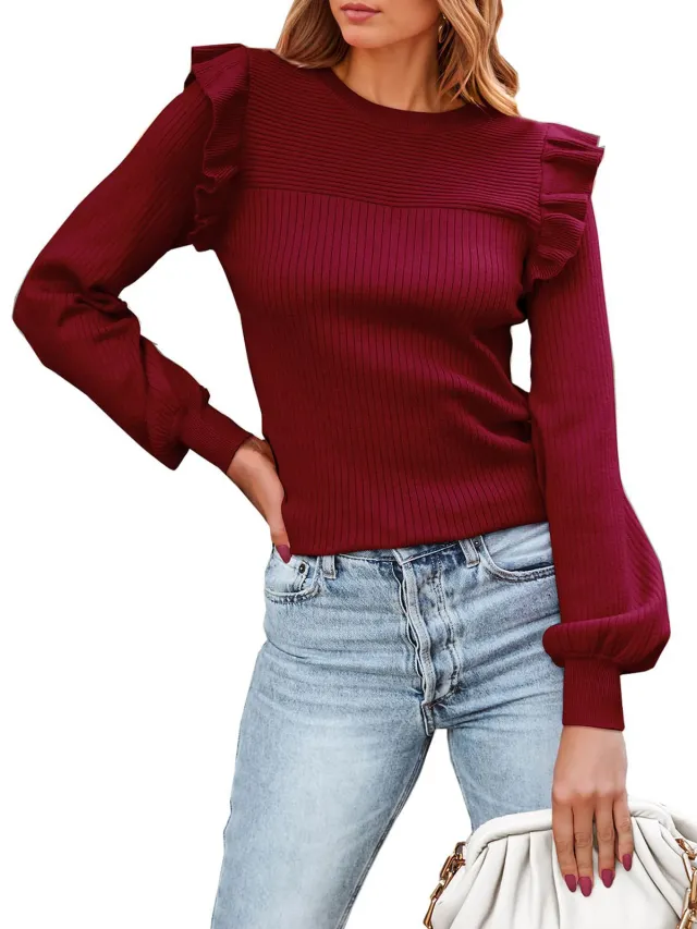 Ruffled Shoulder Long Sleeve Round Neck Slim Rib Knitted Sweater Red - Shop at LoveMi
