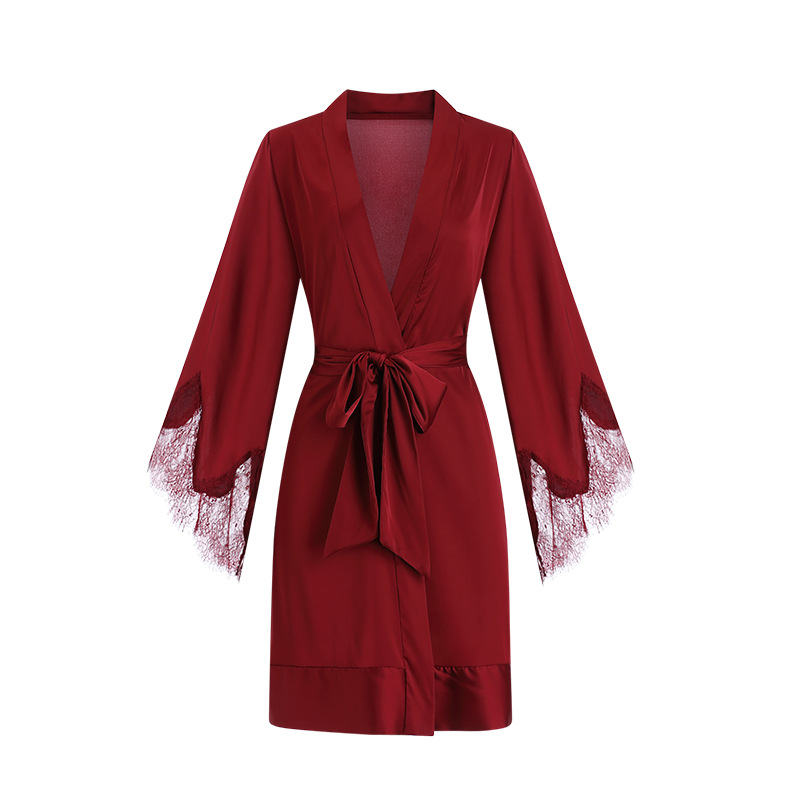 Silk Cuff Stitching Lace Lace-up Nightgown