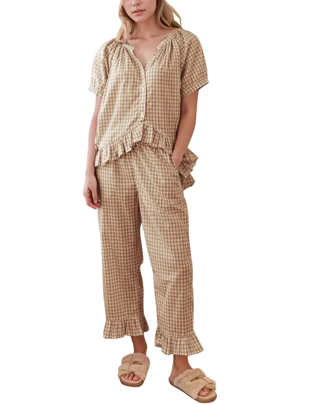 2 piece Set Short Sleeve Ruffled Top And Pants Khaki - Shop at LoveMi