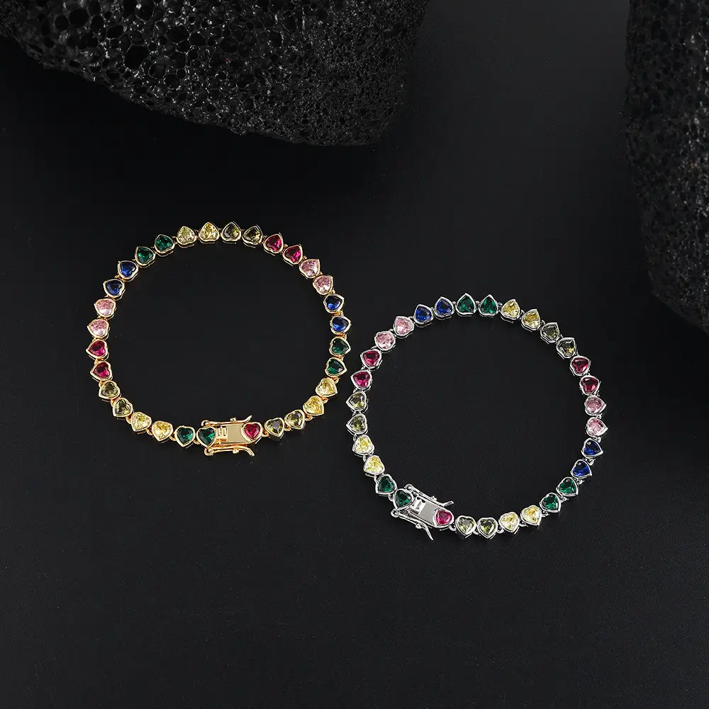 European And American Colorful Tennis Bracelet Heart-shaped 4x4mm Couple Twin Tennis Chain Hip Hop Love Chain