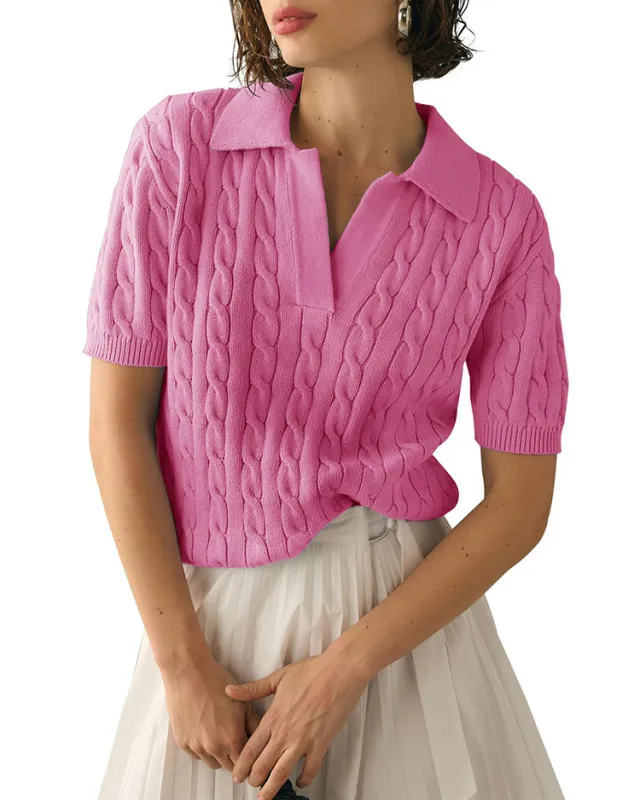 Women's Polo Collar Short sleeved Knitted Sweater Casual Sweater Pullover Solid Color Fashion Soft Lapel V Neck Knitted Top Y2K Pink - Shop at LoveMi