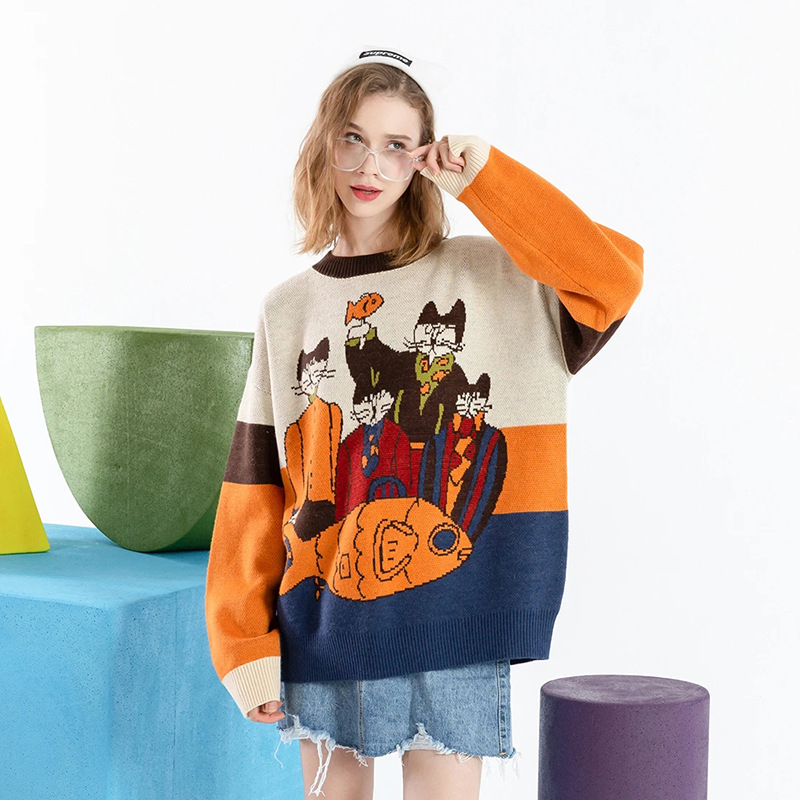 American Cute Cartoon Cat Magic Embroidered Sweater