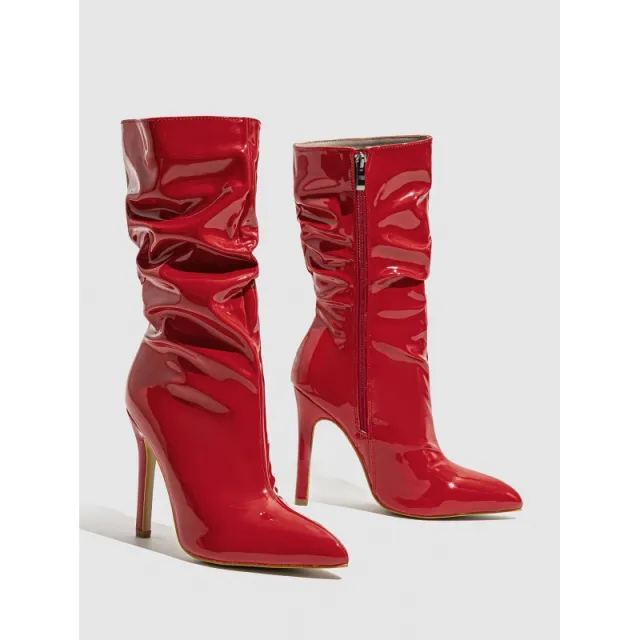 Patent Leather High Heel Pointed Stiletto Heel Pile Style Boots Red - Shop at LoveMi