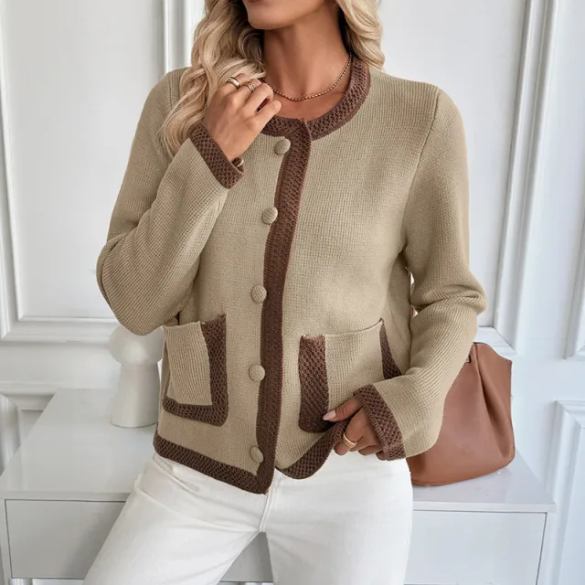 Contrast Color Knitted Cardigan Women's Sweater Coat Khaki - Shop at LoveMi
