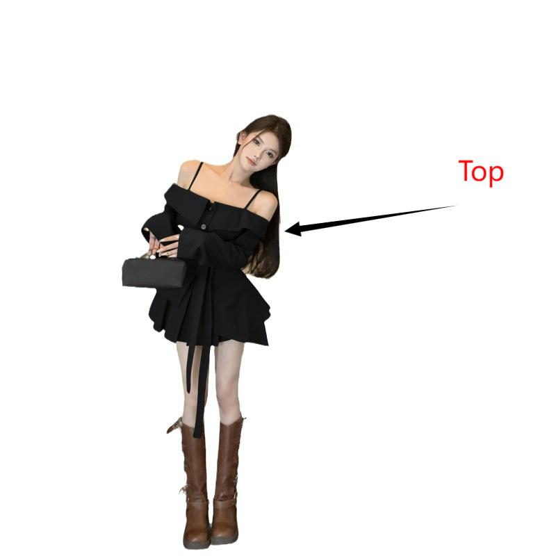 Off-shoulder Irregular Long Sleeve Top Pleated Skirt Two Pieces Elegant Outfit