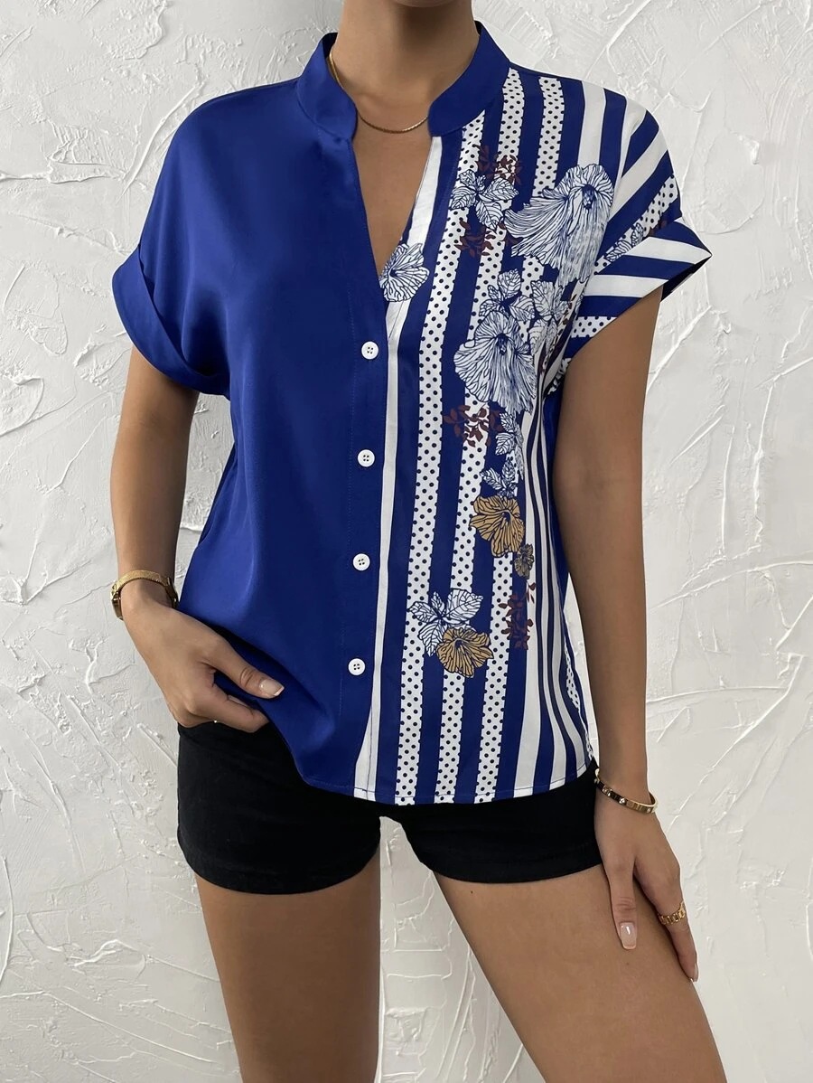 Women's Summer Button Cardigan Short Sleeve Shirt Blue - Shop at LoveMi