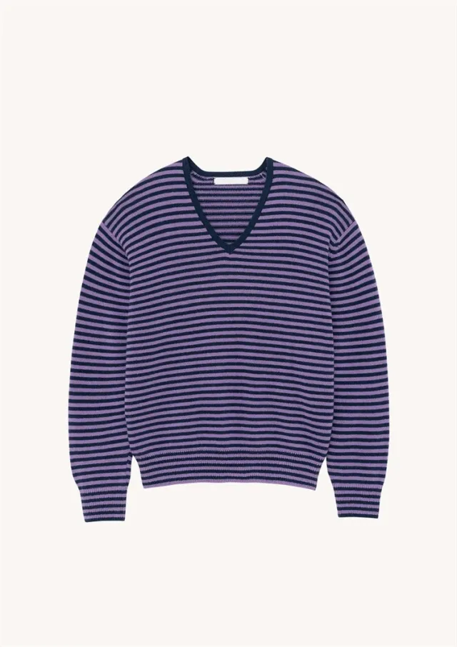 Women's Fashionable Loose V neck Striped Knitted Top Purple - Shop at LoveMi