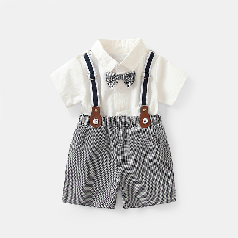 Summer New Style Childrens Short-Sleeve White Shirt And Suspender Pants Set