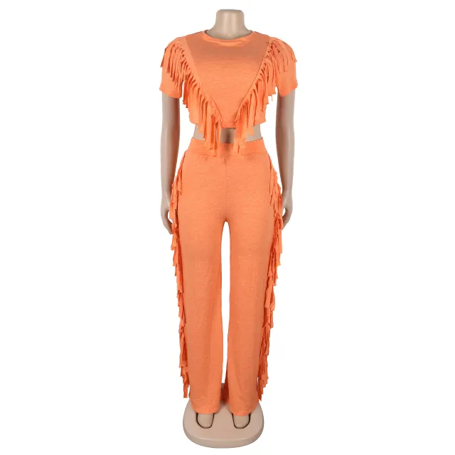 Comfort And Casual Tassel Top Wide Leg Pants Suit Two piece Set Orange - Shop at LoveMi