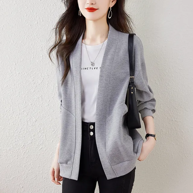 Lazy V neck Sweatshirt Cardigan Women's Loose Casual Jacket All matching Drop shoulder Sleeve Gray - Shop at LoveMi