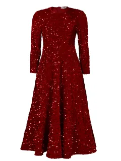 Women's Round Neck Long Sleeve Pure Color Sequins Mid-length Formal Dress - Red - View 1