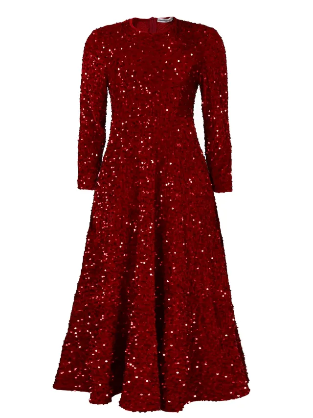 Women's Round Neck Long Sleeve Pure Color Sequins Mid length Formal Dress Red - Shop at LoveMi