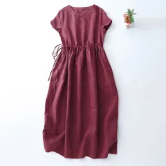 Belt Slimming Retro Artistic Midi Dress - Red - View 1