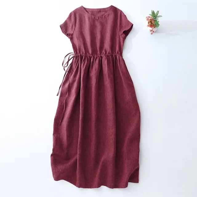 Belt Slimming Retro Artistic Midi Dress Red - Shop at LoveMi