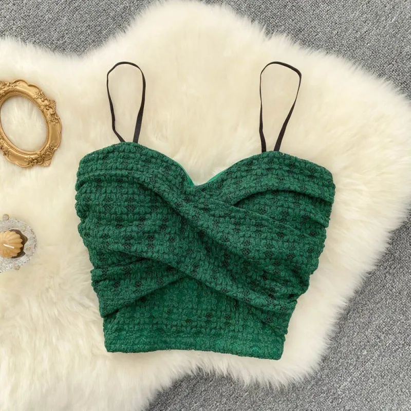 Cross Design Knotted Tube Top Lace Camisole For Women - Green Ordinary Shoulder Strap