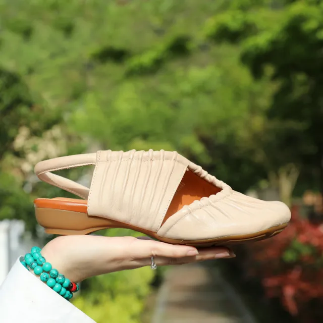 Closed Toe Flat Casual Women's Low Heel Leather Sandals Apricot - Shop at LoveMi