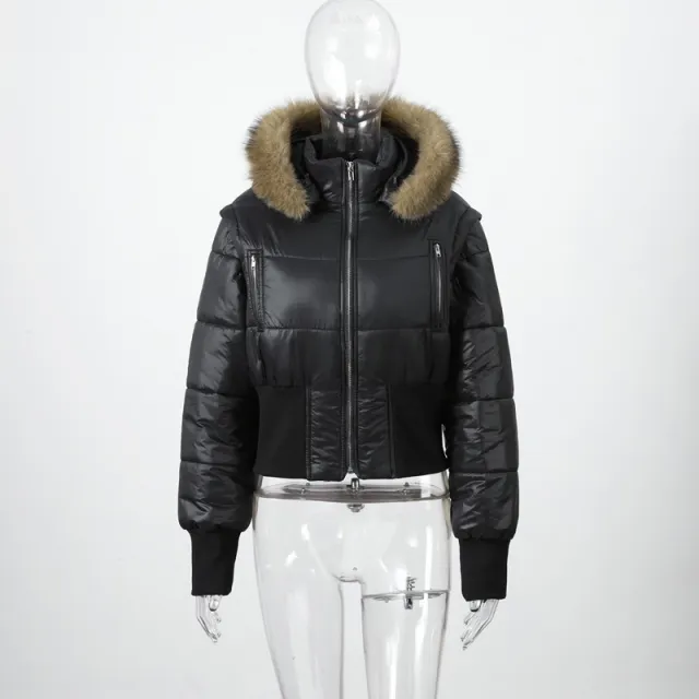 Detachable Sleeves With Zipper Fur Collar Hooded Waist cinching Cotton Coat Black - Shop at LoveMi