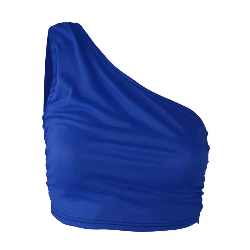 Women's Vest Sexy One-shoulder Solid Colour Slim Fit Pleated - Sapphire Blue