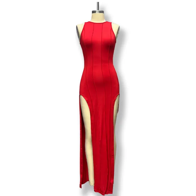 Women's Round Neck Sleeveless High Slit Slim Sexy Dress Red - Shop at LoveMi