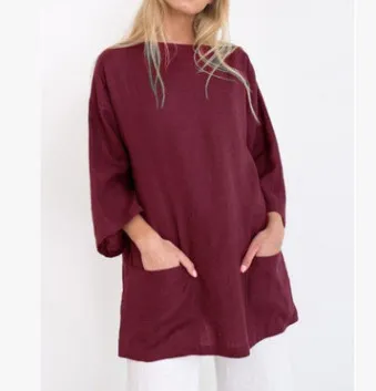 Solid Color Cotton And Linen Loose Pockets Half Sleeve Top Red - Shop at LoveMi
