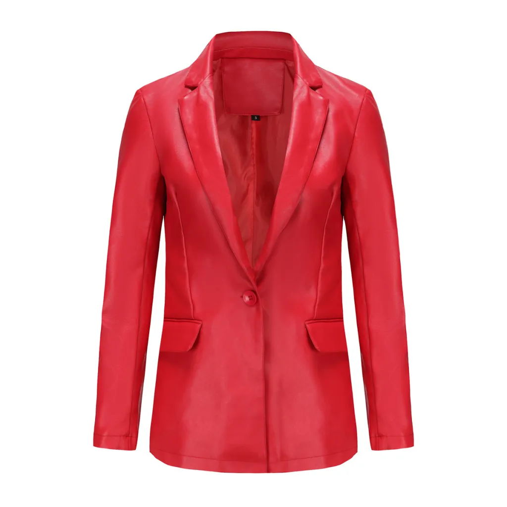 Single Button Commute Leisure Solid Colour Leather Coat - Red
