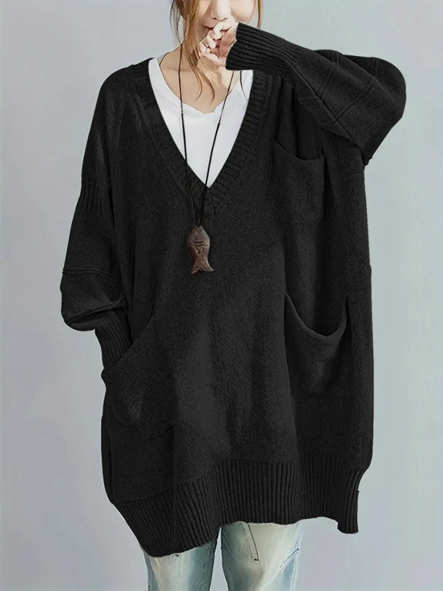 Loose fitting V neck Long Sleeves Outerwear Sweater Black - Shop at LoveMi