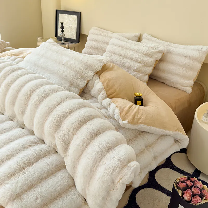Milk Fiber Thick Rabbit Fur Four-piece Set Autumn And Winter Warm Comfortable Breathable Fluffy Delicate