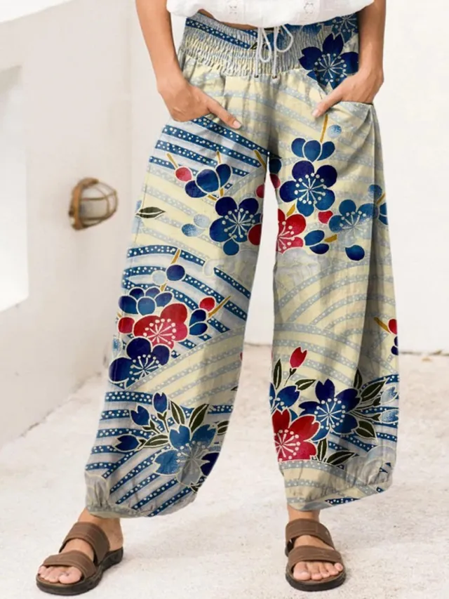 Casual Loose Drawstring Printed Pants For Women Blue - Shop at LoveMi