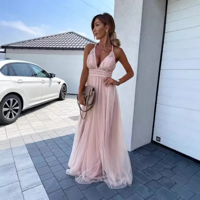 European And American Mesh Deep V Formal Dress Pink - Shop at LoveMi