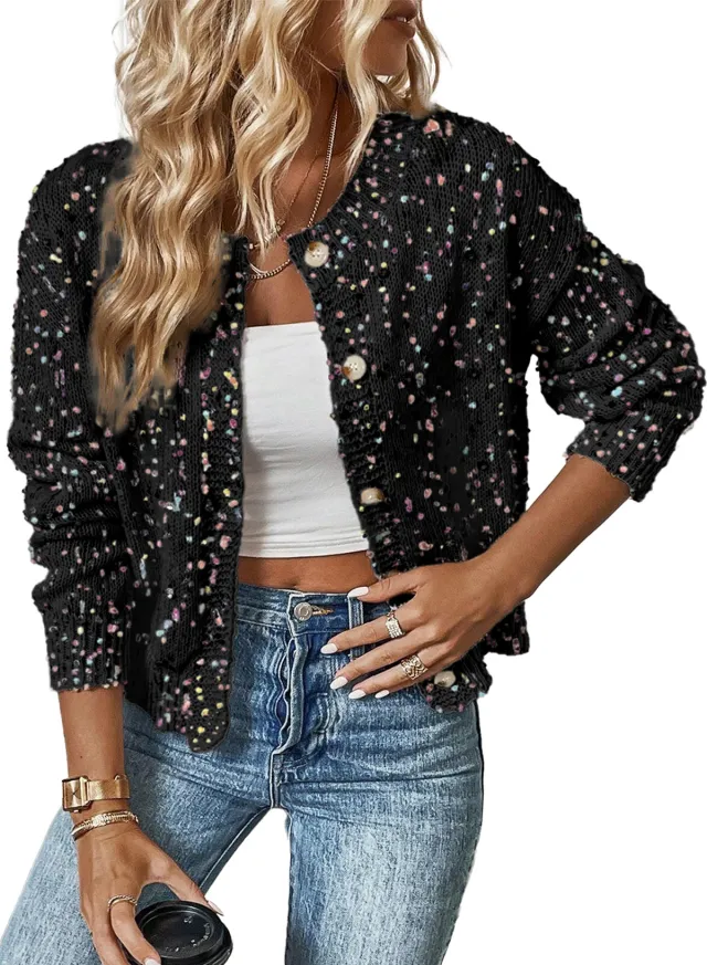 Colorful Knitted Cardigan Fashionable All matching Single breasted Sweater Black - Shop at LoveMi