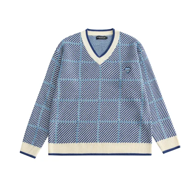 College Style V neck Stitching Couple Sweater Blue - Shop at LoveMi