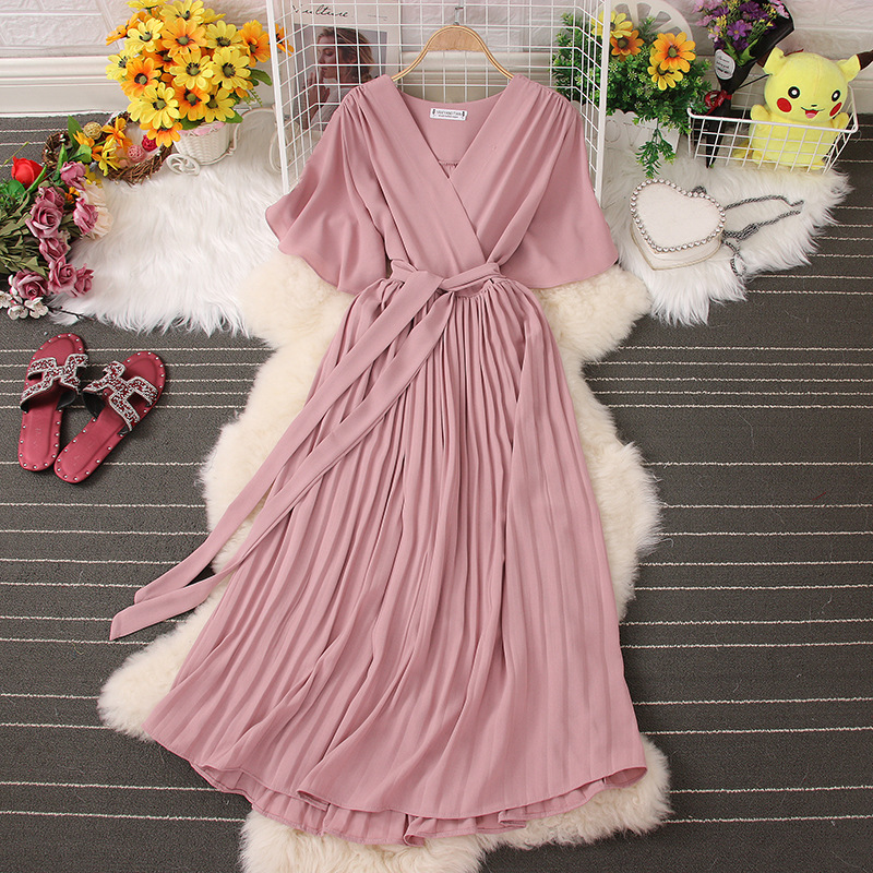 Below The Knee Slim Fit Temperament Waist-controlled Women's V-neck Short Sleeve Dress