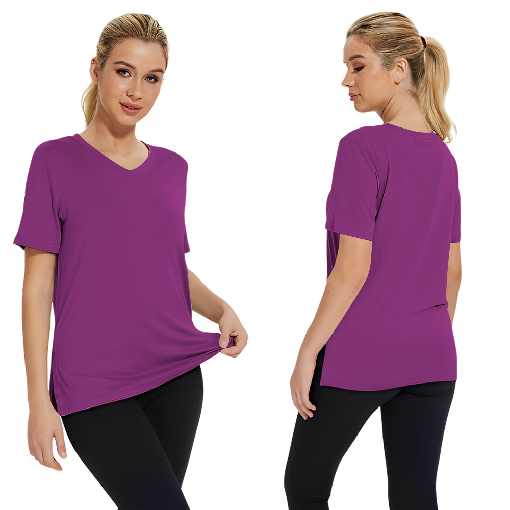 Short Sleeve Loose Split Top Solid Color Women's Clothing Purple - Shop at LoveMi