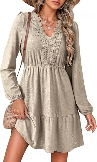 Women's Lace Hollow Out Embroidered V Neck Long Sleeve Dress Apricot - Shop at LoveMi