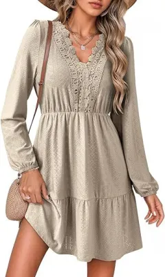 Women's Lace Hollow-Out Embroidered V-Neck Long-Sleeve Dress - Apricot - View 1