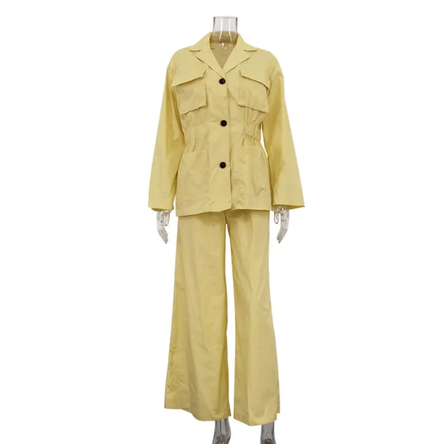 Lapel Long Sleeve Waist controlled Top Wide Leg Pants Two piece Set Yellow - Shop at LoveMi