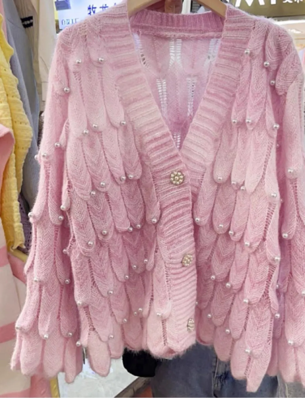 French Minority Heavy Industry Beads V-neck Sweater For Women - Pink
