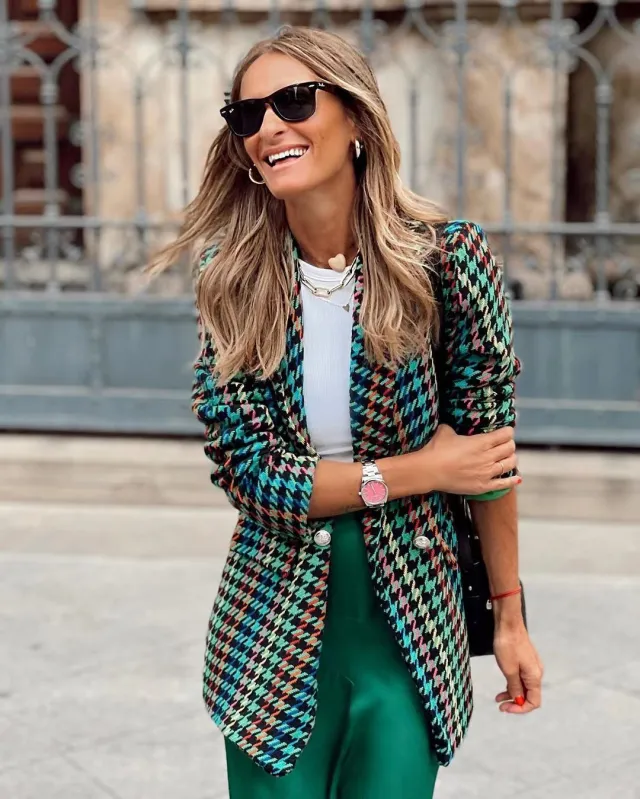 Houndstooth Loose Suit Jacket Women Green - Shop at LoveMi