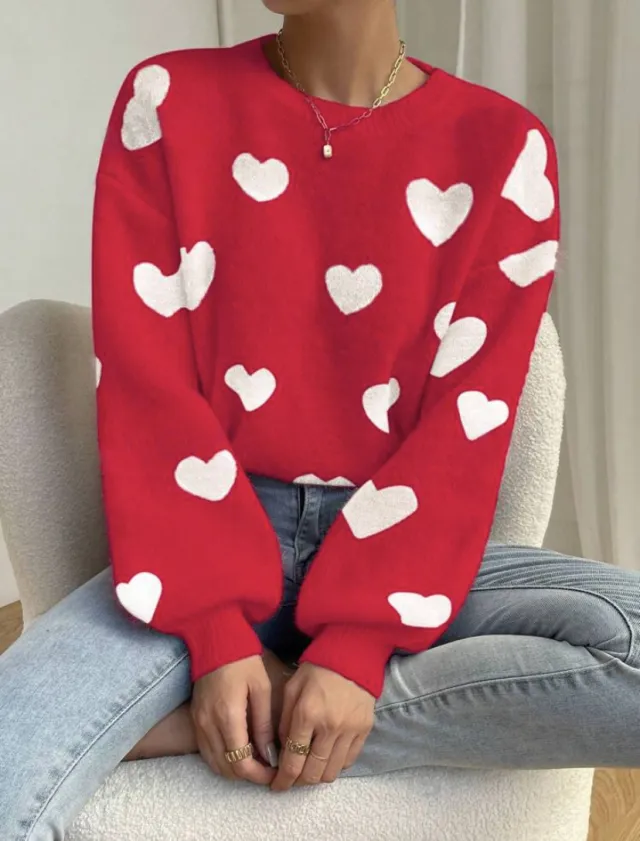 Round Neck Pullover All matching Love Contrast Color Loose Casual Knitted Long Sleeve Red - Shop at LoveMi