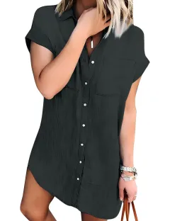 Fashion Solid Colour Women's Shirt Dress - Black - View 1