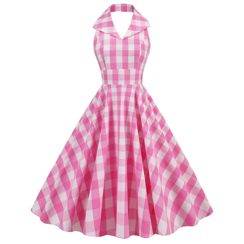 British-style Halter-neck Notched-colla Flared Maxi Dress