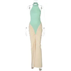 Patchwork Color Block Long Bodycon Dress Women's Clothing - Light Green - View 1