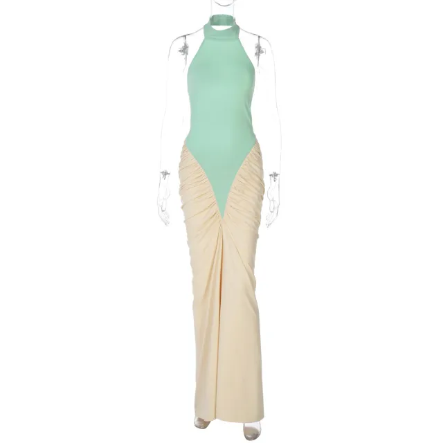 Patchwork Color Block Long Bodycon Dress Women's Clothing Light Green - Shop at LoveMi