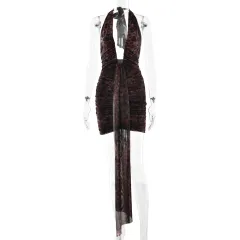 Deep V-neck Ribbon Tie Halter Dress - Leopard Print - View 1
