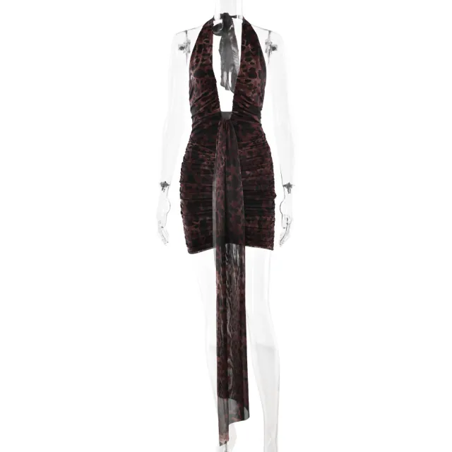 Deep V neck Ribbon Tie Halter Dress Leopard Print - Shop at LoveMi
