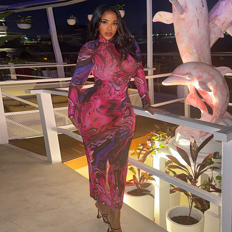 High-neck Long-sleeve Figure-flattering Dress