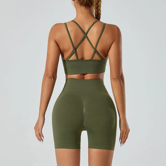 Seamless Push Up Sports Bra High Waist Hip Lift Yoga Pants Suit Army Green - Shop at LoveMi