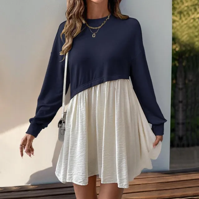 Personal Leisure Date Round Neck Long Sleeve Color Matching Loose Dress Dark Blue - Shop at LoveMi