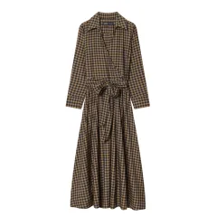 Checkered V-neck Long Sleeve Belted Shirt-style Dress - View 1